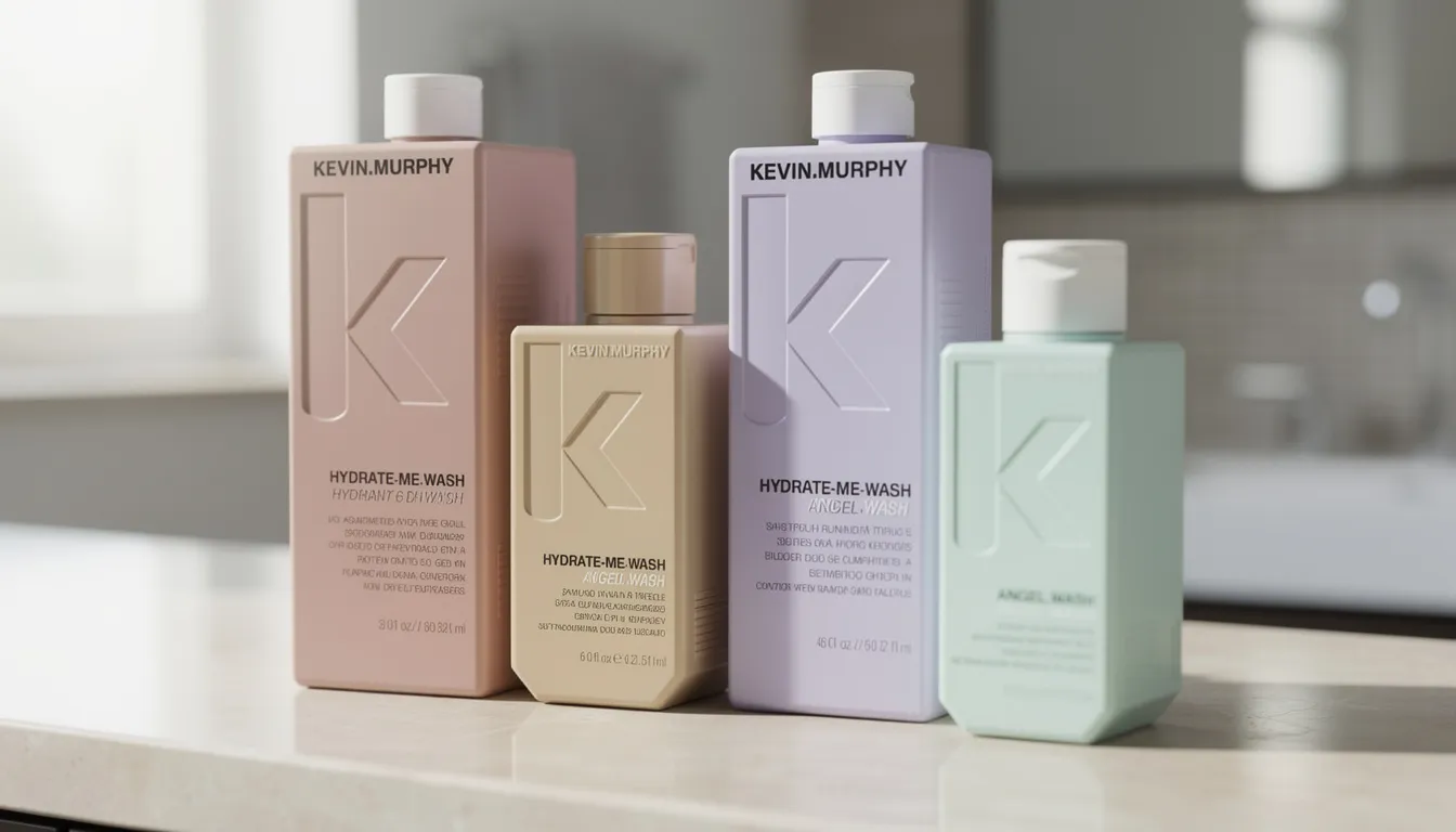 Billedet viser forskellige størrelser af Kevin Murphy shampoo-flasker elegant arrangeret på et badeværelsesbord. Produkterne, der inkluderer både shampoo og conditioner, fremhæver vigtigheden af hårpleje med naturlige og økologiske ingredienser.